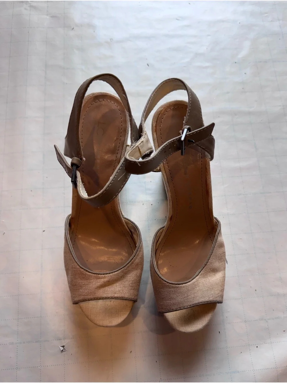 LC Lauren Conrad Beige Linen & Taupe Leather Ankle-Strap Heels